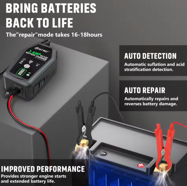 🔋 Cargador de Batería Inteligente HTRC 6V/12V 3000mA Automático, Cargador para Baterías de Plomo-Ácido, LiFePO4 y Litio, Carga Lenta y Segura para Coche, Motocicleta y Vehículos.