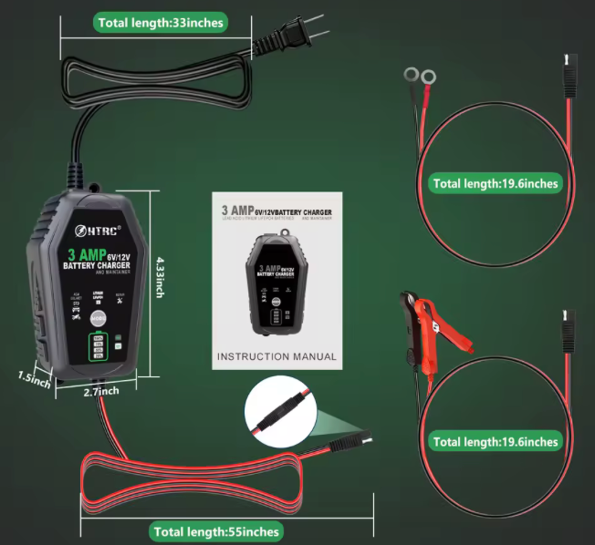🔋 Cargador de Batería Inteligente HTRC 6V/12V 3000mA Automático, Cargador para Baterías de Plomo-Ácido, LiFePO4 y Litio, Carga Lenta y Segura para Coche, Motocicleta y Vehículos.