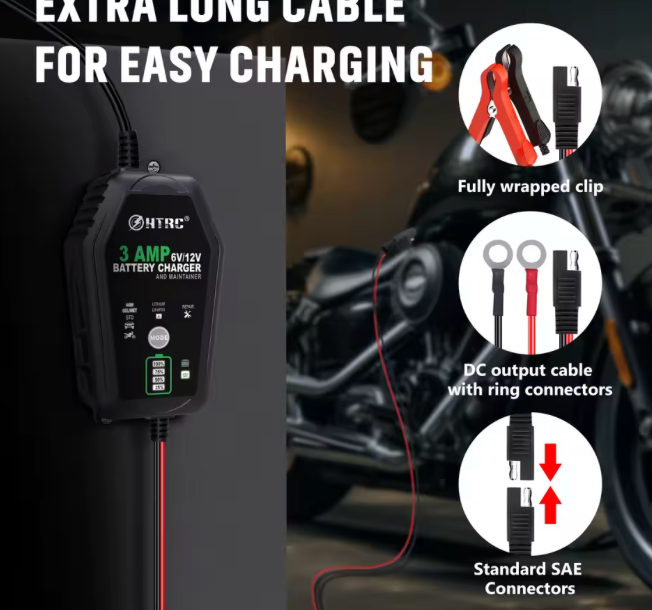 🔋 Cargador de Batería Inteligente HTRC 6V/12V 3000mA Automático, Cargador para Baterías de Plomo-Ácido, LiFePO4 y Litio, Carga Lenta y Segura para Coche, Motocicleta y Vehículos.