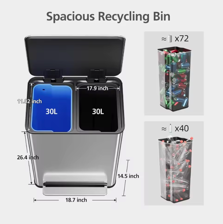 🗑️✨ Cubo de Basura Doble de Acero Inoxidable – 60L con Pedal y Cierre Suave
