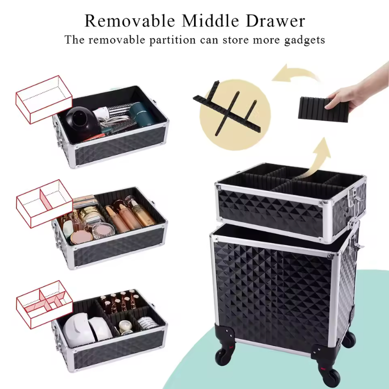 💄🧳 Maleta Profesional de Maquillaje 3 en 1 con Ruedas – Organizador Cosmético de 4 Bandejas