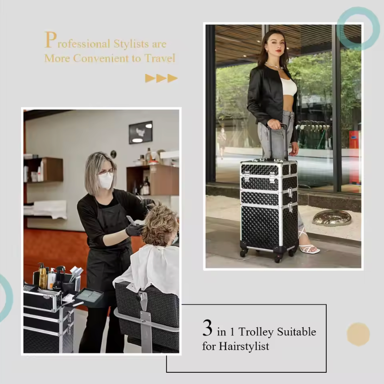 💄🧳 Maleta Profesional de Maquillaje 3 en 1 con Ruedas – Organizador Cosmético de 4 Bandejas