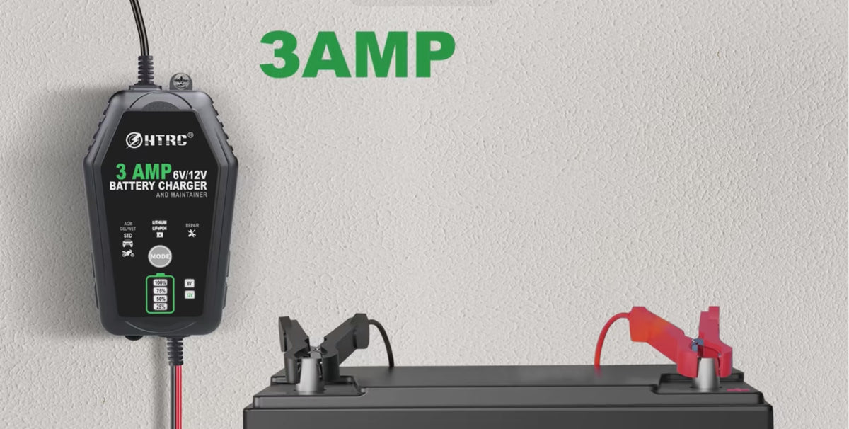 🔋 Cargador de Batería Inteligente HTRC 6V/12V 3000mA Automático, Cargador para Baterías de Plomo-Ácido, LiFePO4 y Litio, Carga Lenta y Segura para Coche, Motocicleta y Vehículos.